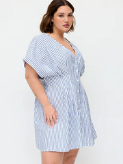 Cotton-blend V-neck Stripe Pleated Cinched Waist Mini Dress Curve & Plus