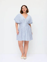 Cotton-blend V-neck Stripe Pleated Cinched Waist Mini Dress Curve & Plus