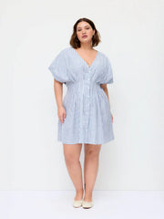 Cotton-blend V-neck Stripe Pleated Cinched Waist Mini Dress Curve & Plus