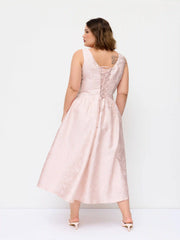 Jacquard Sculptural Square Neck Lace Up Ruffled Flared Maxi Dress Curve & Plus