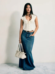 Satin Peter Pan Collar Knotted Crop Blouse