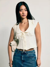 Satin Peter Pan Collar Knotted Crop Blouse
