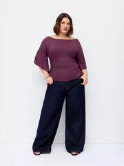Boat Neck Mid-length Bell Sleeve Ruched Tee Curve & Plus