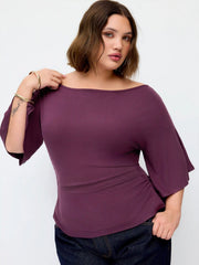 Boat Neck Mid-length Bell Sleeve Ruched Tee Curve & Plus