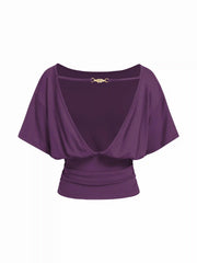 Boat Neck Batwing Sleeve Backless Drawstring Metal Detail Oversized Crop Tee