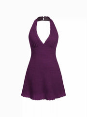 Textured Halter Neck Lace Trim A-line Mini Dress