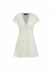 Satin V-neck Ruffle Sleeve Lace Trim Tie Front A-line Mini Dress