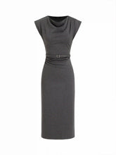 Striped Cowl Neck Belted Ruched Straight Midi Dress