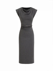 Striped Cowl Neck Belted Ruched Straight Midi Dress