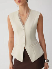 V-neck Lace Trim Waistcoat Top