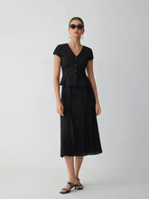 Cotton V-Neck Button Front Peplum Top & Mid Rise A-line Maxi Skirt Set With Belt