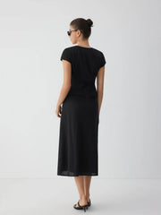 Cotton V-Neck Button Front Peplum Top & Mid Rise A-line Maxi Skirt Set With Belt