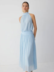 Chiffon Halter Neckline Backless A-Lined Maxi Dress