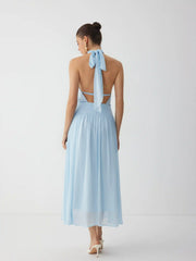 Chiffon Halter Neckline Backless A-Lined Maxi Dress
