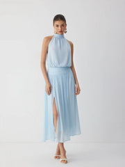 Chiffon Halter Neckline Backless A-Lined Maxi Dress