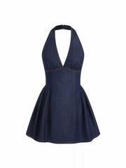 Denim Halter Neckline Backless Flared Mini Dress