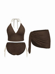 Textured Halter Mid Rise Tie Bikini Set With Sarong Curve & Plus