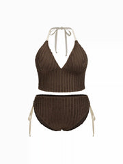 Textured Halter Mid Rise Tie Bikini Set With Sarong Curve & Plus