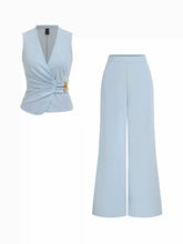 V-Neck Wrap Front Ruched Metal Detailed Top & Mid Rise Wide Leg Trousers Set