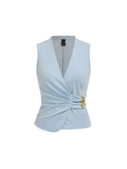 V-Neck Wrap Front Ruched Metal Detailed Top & Mid Rise Wide Leg Trousers Set