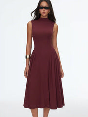 High Neck Solid Pocket Ruffle Midi Dress