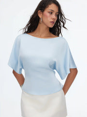 Boat Neck Batwing Sleeve Tie Back Top