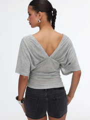 V-neck Batwing Sleeve Ruched Slim Tee