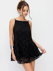 Cotton-blend Lace Boat Neck A-line Ruffle Hem Mini Dress