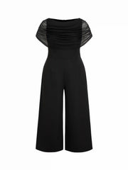 Mesh Off-shoulder Ruched Mid Rise Wide Leg Jumpsuit Curve & Plus