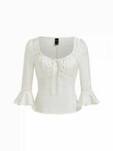 Satin Scoop Neck Ruffle Sleeve Drawstring Blouse