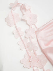 Satin Cowl Neck Floral Applique Lace Up Mermaid Maxi Dress