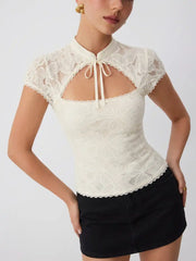 Floral Lace Stand Collar Cut Out Bowknot Short Sleeve Top