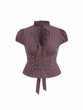Woven Stand Collar Stripes Short Sleeve Blouses & Shirts Curve & Plus