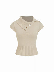 Knit Cotton-blend Asymmetrical Neck Short Sleeve Top