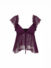 Chiffon V-neck Ruffled Sleeve Tie Front Backless Cami Blouse