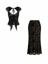 Flocked Mesh Floral Tie Front Top & Mid Rise Midi Skirt Set