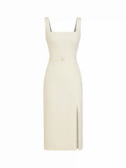Square Neck Metal Detail Split Straight Midi Dress With Belt