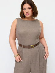 Houndstooth Boat Neck Zipper Wide Leg Jumpsuit With Belt Curve & Plus