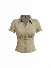 Striped Puff Sleeve Metal Detail Belted Blouse