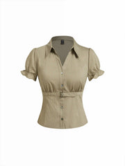 Striped Puff Sleeve Metal Detail Belted Blouse
