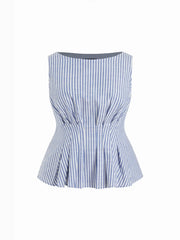 Cotton-blend Striped Boat Neck Pleated Peplum Tank Top Curve & Plus
