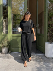 Cotton-blend Boat Neck Short Sleeve Mid Rise Jogger Jumpsuit