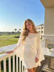 Sheer Boat Neck Cape Top & Satin High Rise Mini Dress Set