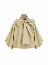 Cotton-blend Asymmetrical Neck Lantern Sleeve Bowknot Oversized Trench Coat
