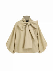 Cotton-blend Asymmetrical Neck Lantern Sleeve Bowknot Oversized Trench Coat