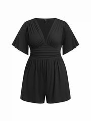 Textured V-neck Batwing Sleeve Draped Mid Rise Romper Curve & Plus