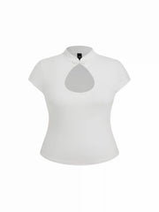 High Stretch Stand Collar Short Sleeve Cut Out Tee Curve & Plus
