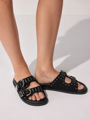 STUDDED DOUBLE BAND BUCKLE SLIPPERS