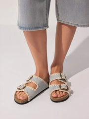 FAUX SUEDE DOUBLE BAND BUCKLE SLIPPERS