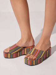 STRIPED PLATFORM WEDGE HEELED SANDALS